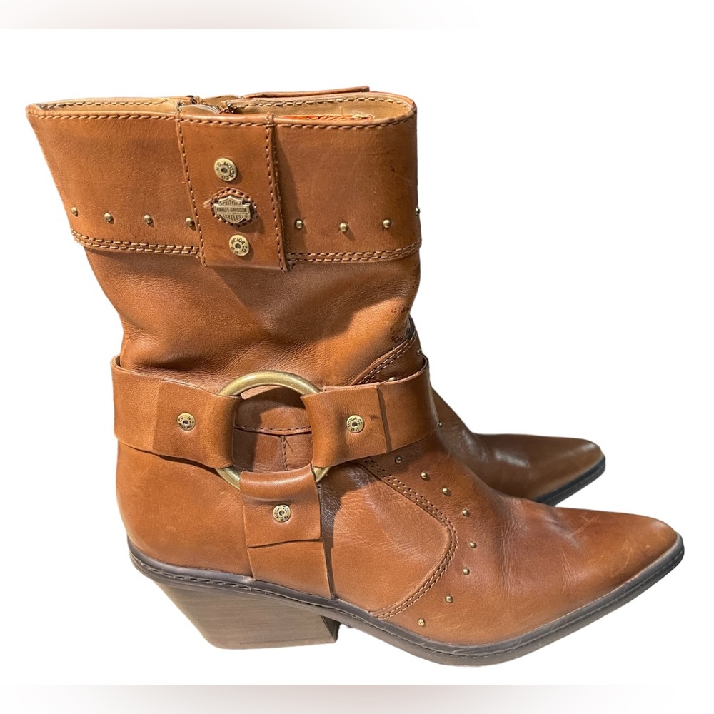 Harley Davidson Cognac Leather Pointed Toe Studded Harness Boots Women’s‎ Sz 5.5